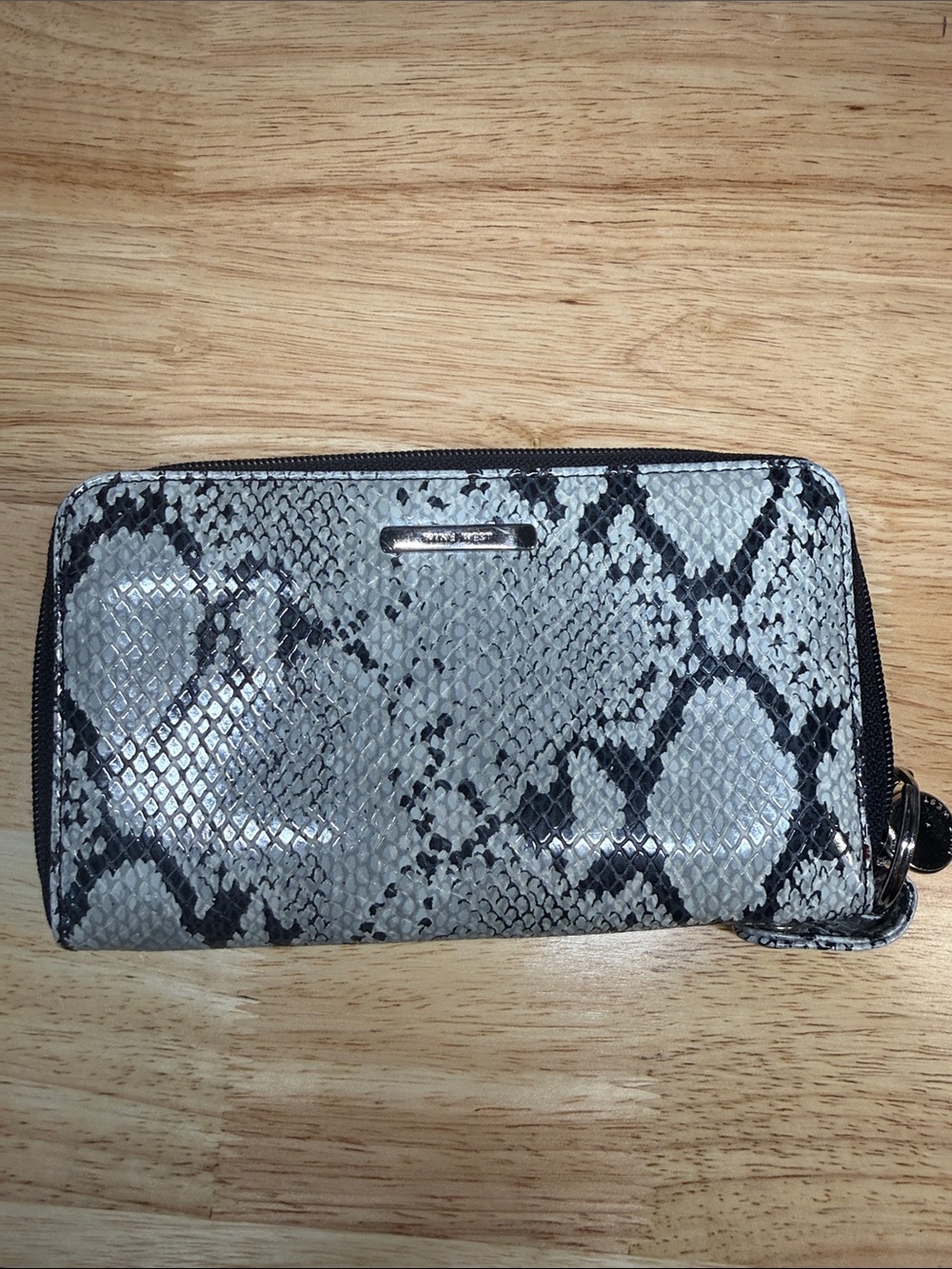 Nine West Silver and Black Snake-Embossed Zip Wallet